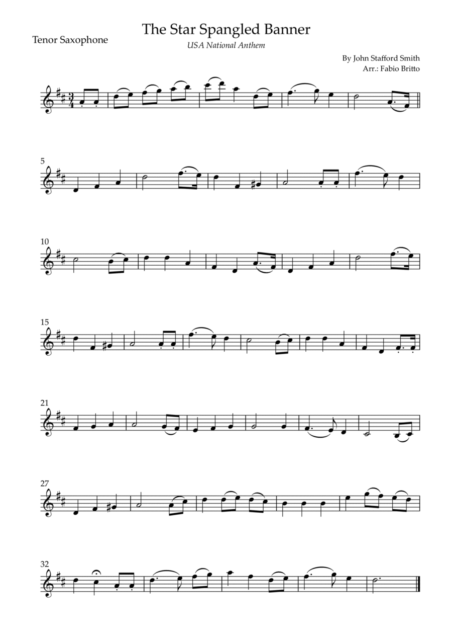 The Star Spangled Banner (USA National Anthem) for Tenor Saxophone Solo Tenor Saxophone scores gallery preview page 1