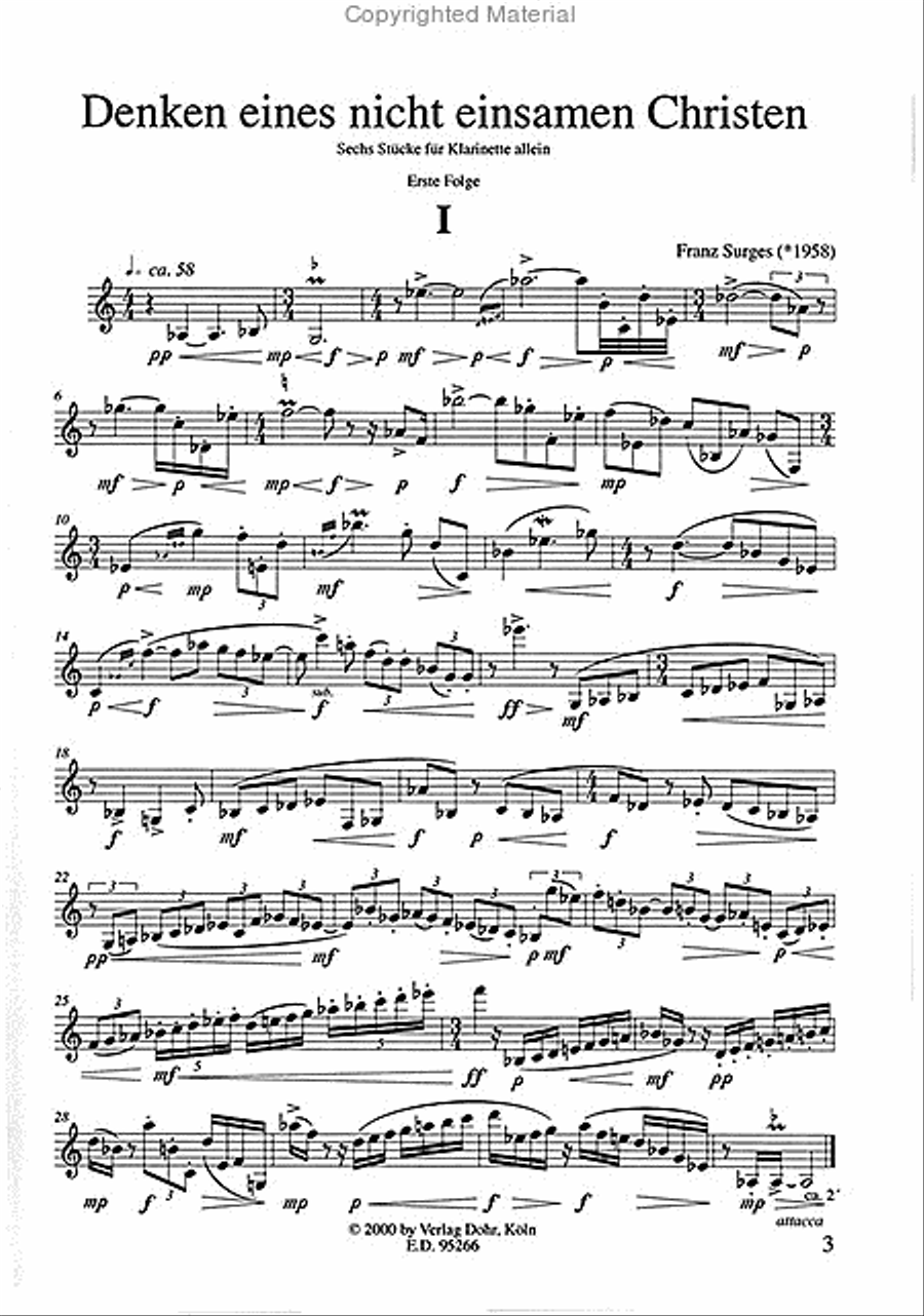 Denken eines nicht einsamen Christen (1995) -Sechs Stücke für Klarinette allein- Clarinet Solo scores gallery preview page 2