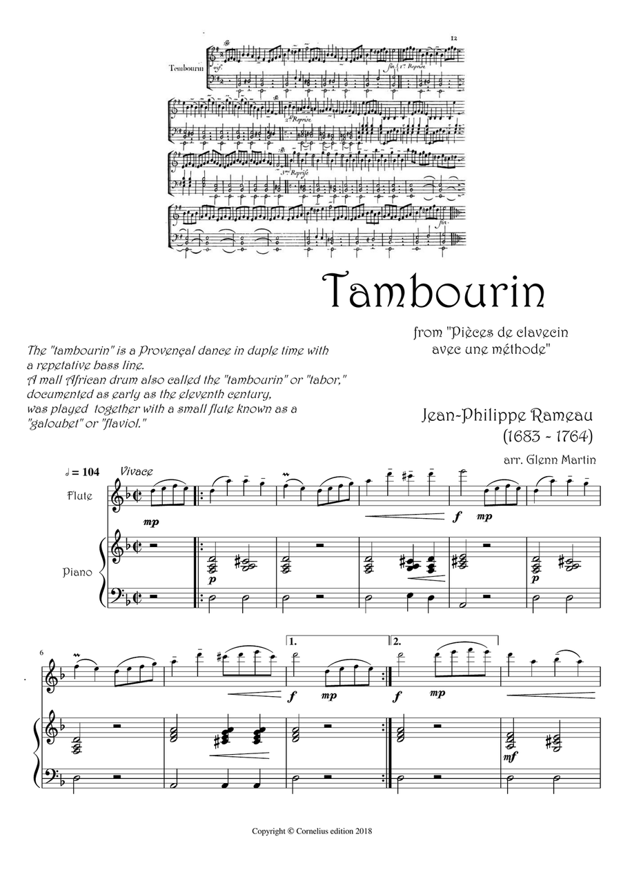 Jean-Philippe Rameau Tambourin Flute and Piano accompaniment Chamber Music scores gallery preview page 1