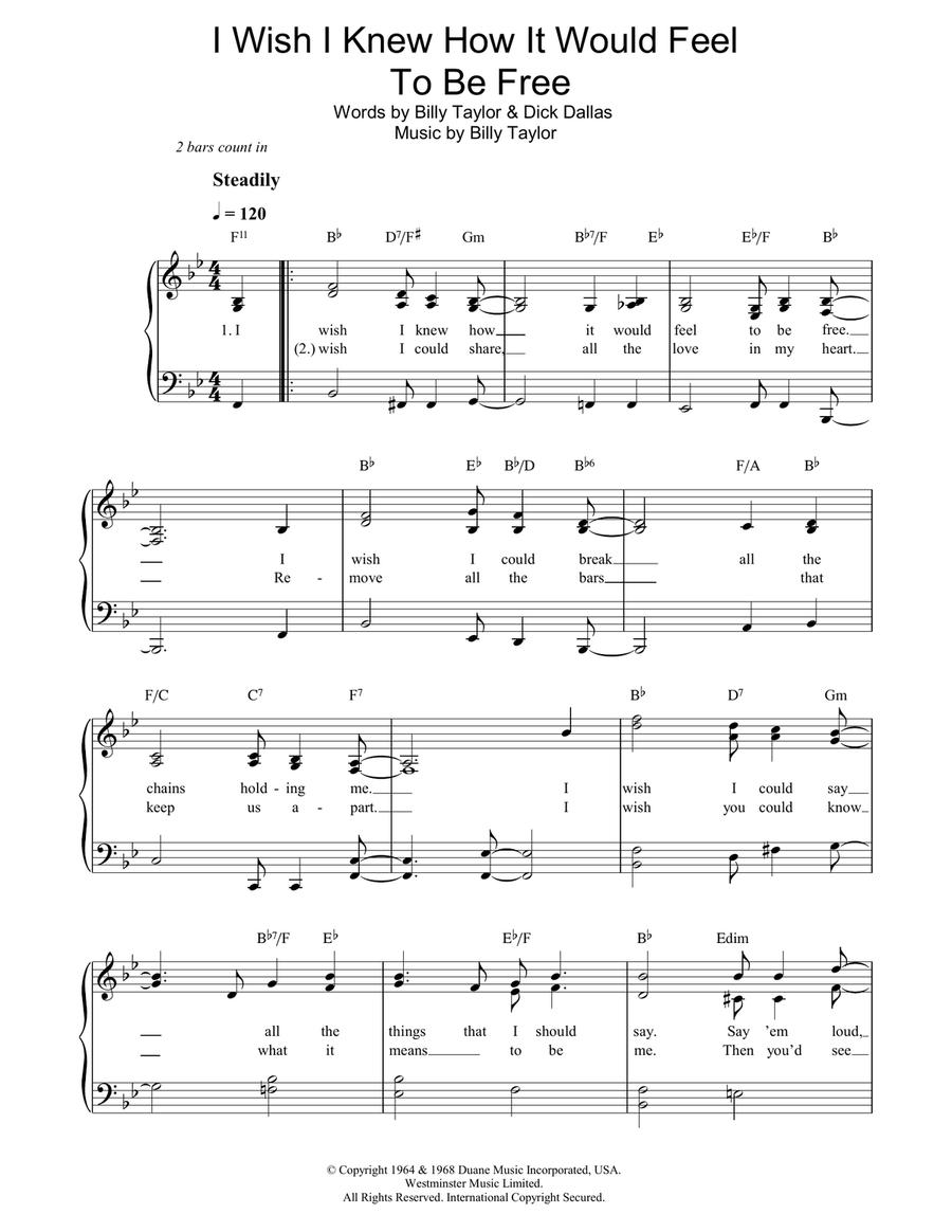 I Wish I Knew How It Would Feel To Be Free Piano, Vocal, Guitar scores gallery preview page 1
