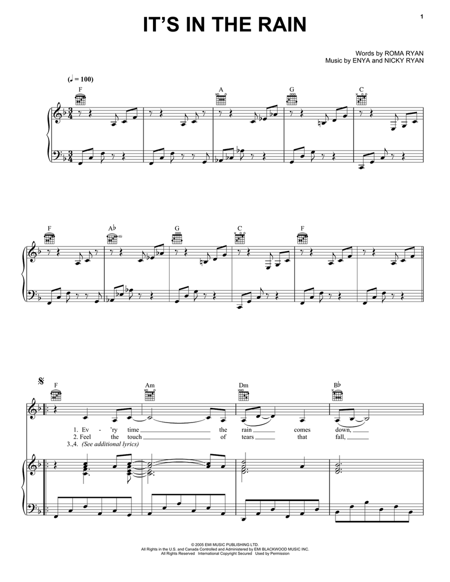 It's In The Rain Piano, Vocal, Guitar scores gallery preview page 1