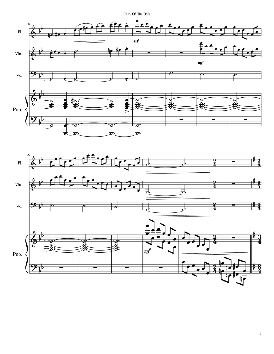 Carol Of The Bells (for Flute, Violin, Cello & Piano) Small Ensemble scores gallery preview page 4