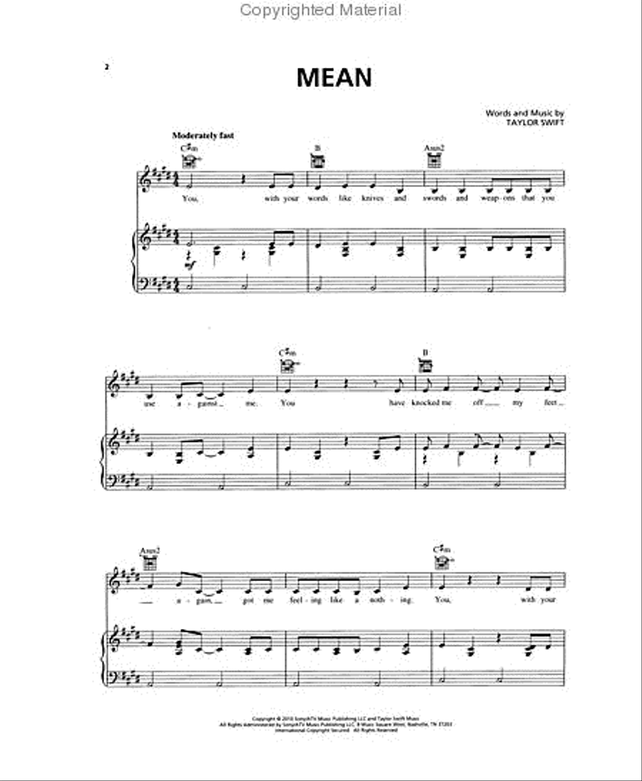Mean Mean Piano, Vocal, Guitar scores gallery preview page 2