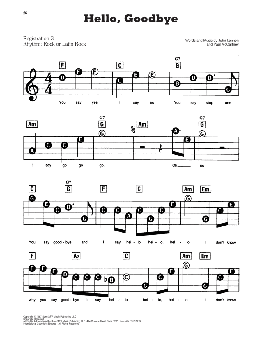 Hello, Goodbye Electronic Keyboard scores gallery preview page 1