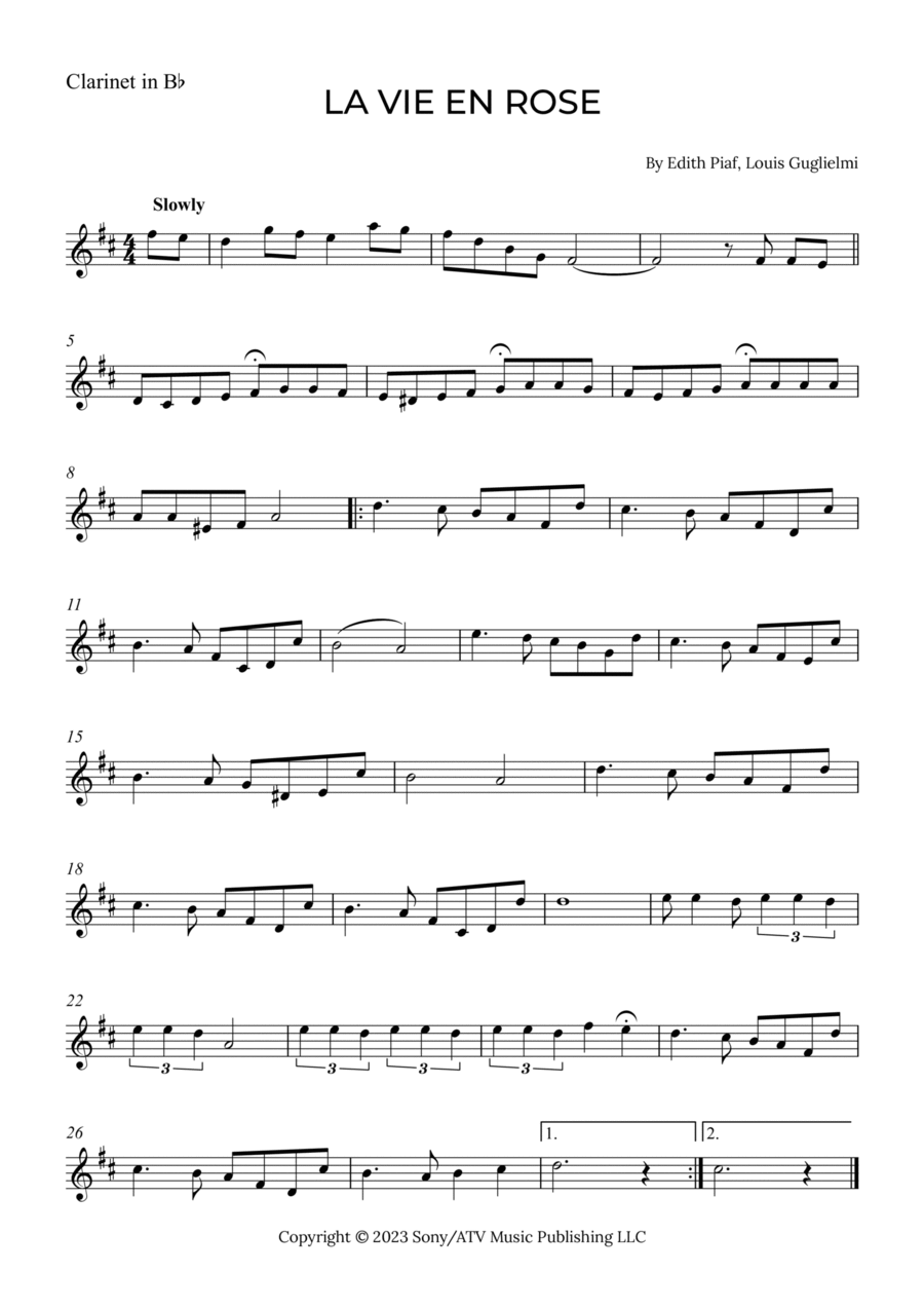 La Vie En Rose B-Flat Clarinet scores gallery preview page 1