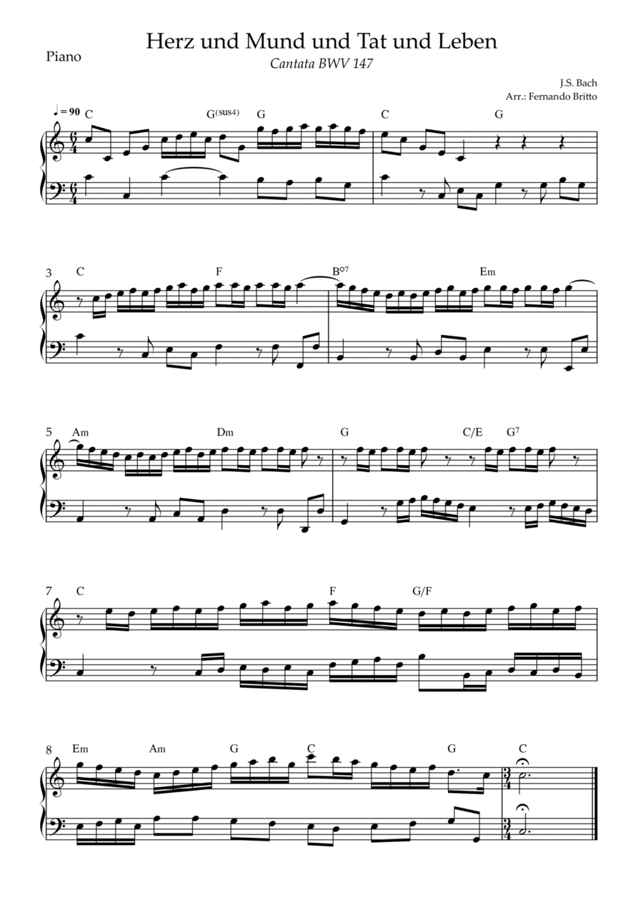 Cantata Herz und Mund und Tat und Leben (J.S. Bach BWV 147) for Piano Solo with Chords Piano Solo scores gallery preview page 1