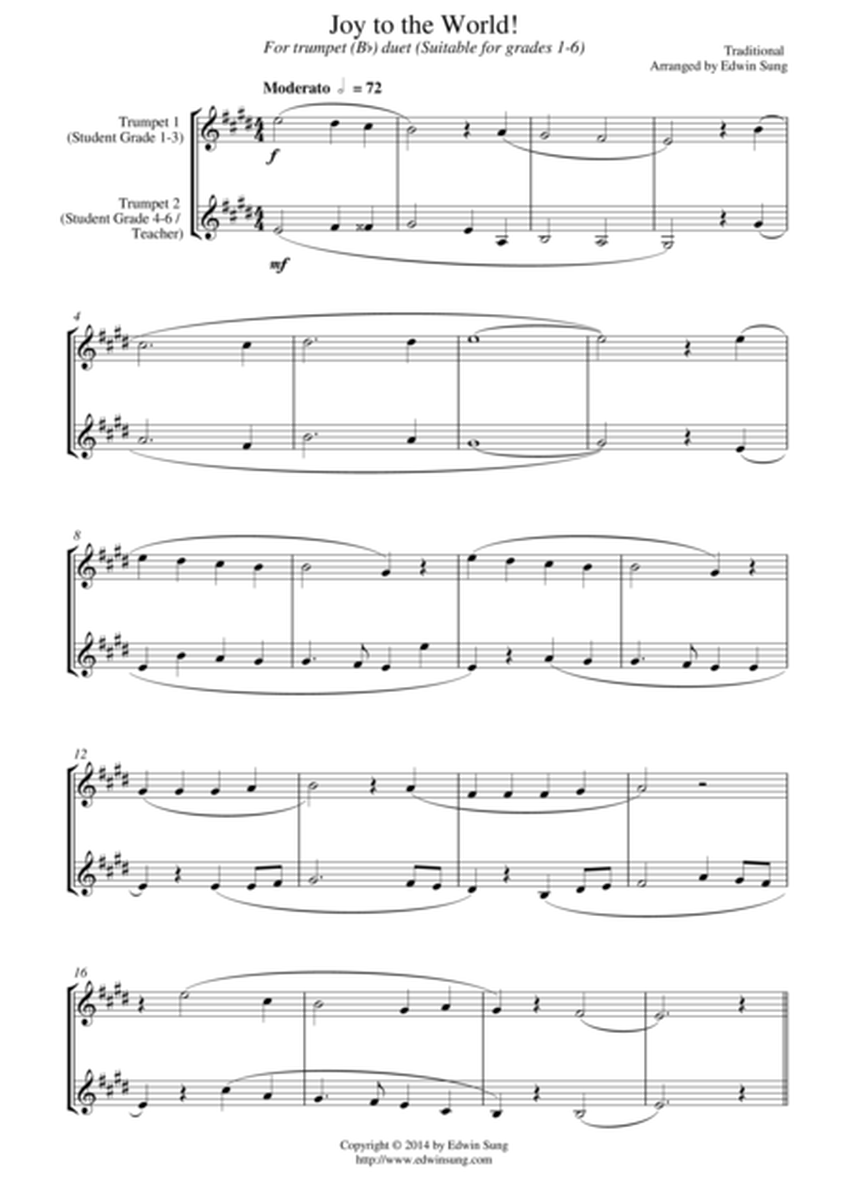 Joy to the World (for trumpet (Bb) duet, suitable for grades 1-5) image number null