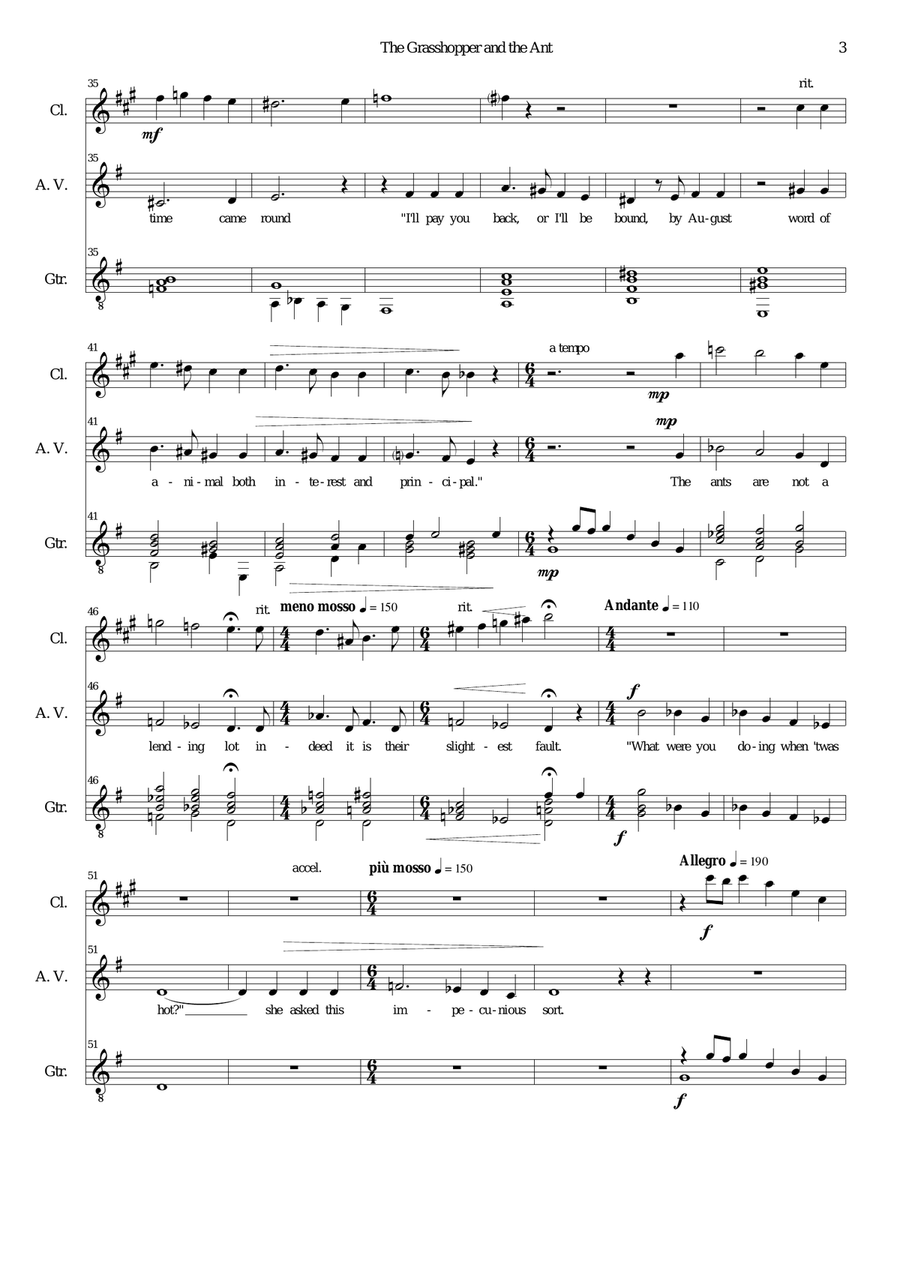 The grasshopper and the ant for alto voice, clarinet and guitar Small Ensemble scores gallery preview page 3