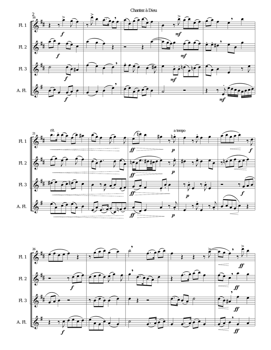 Chantez à Dieu for flute quartet (3 flutes and 1 alto flute) Flute Quartet scores gallery preview page 2