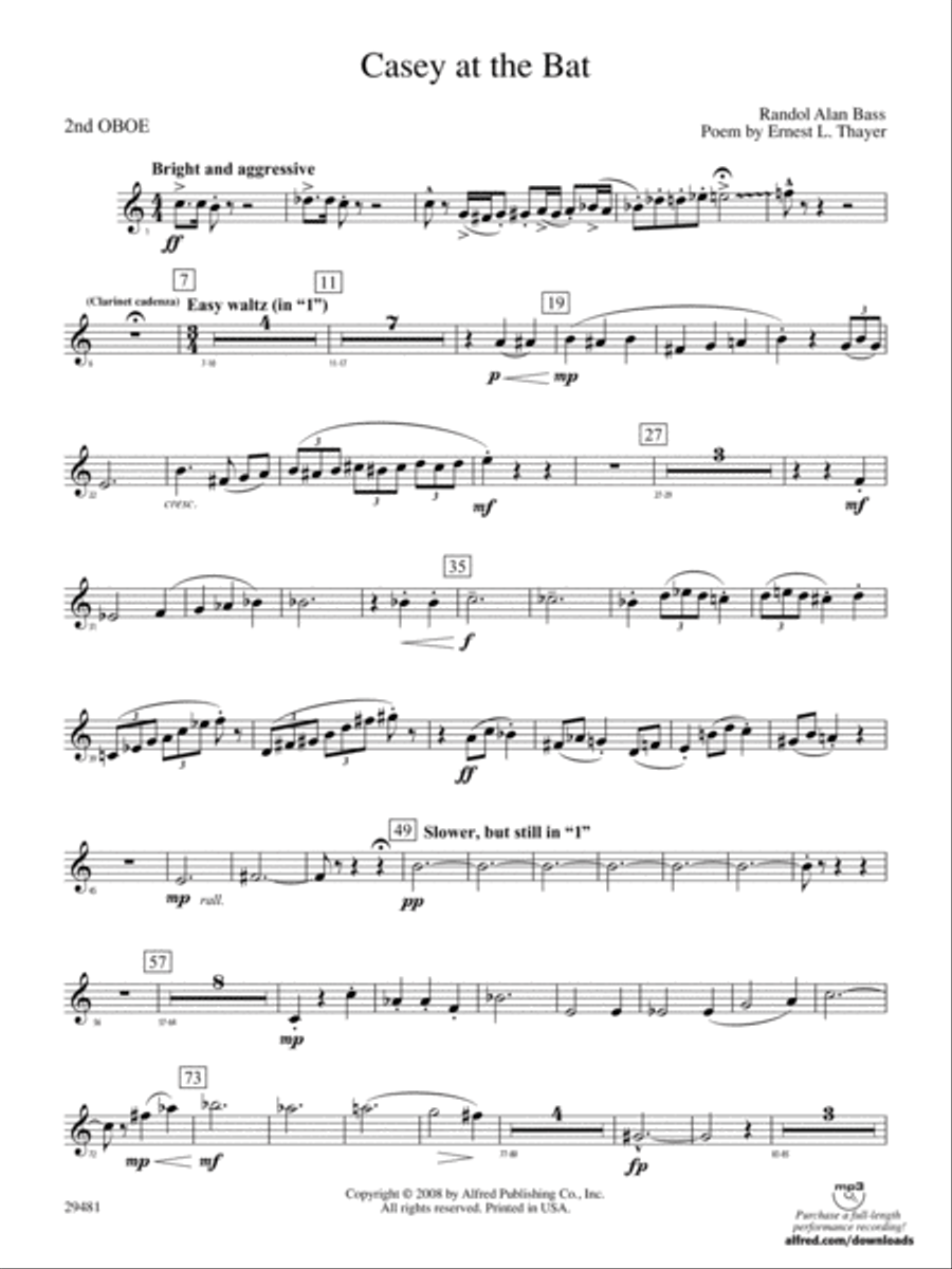 Casey at the Bat: 2nd Oboe Concert Band scores gallery preview page 1