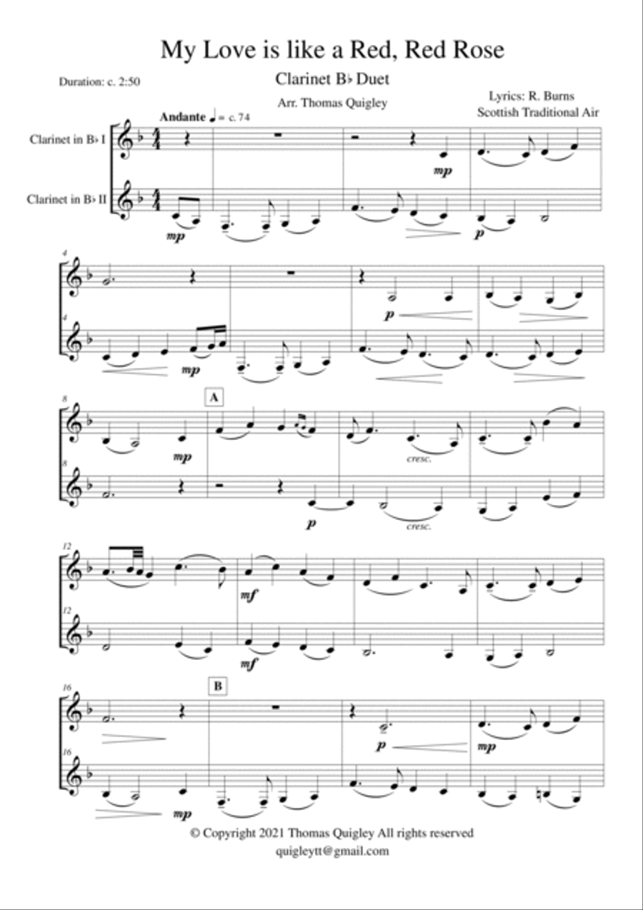 My Love is like a Red, Red Rose Clarinet Duet scores gallery preview page 2