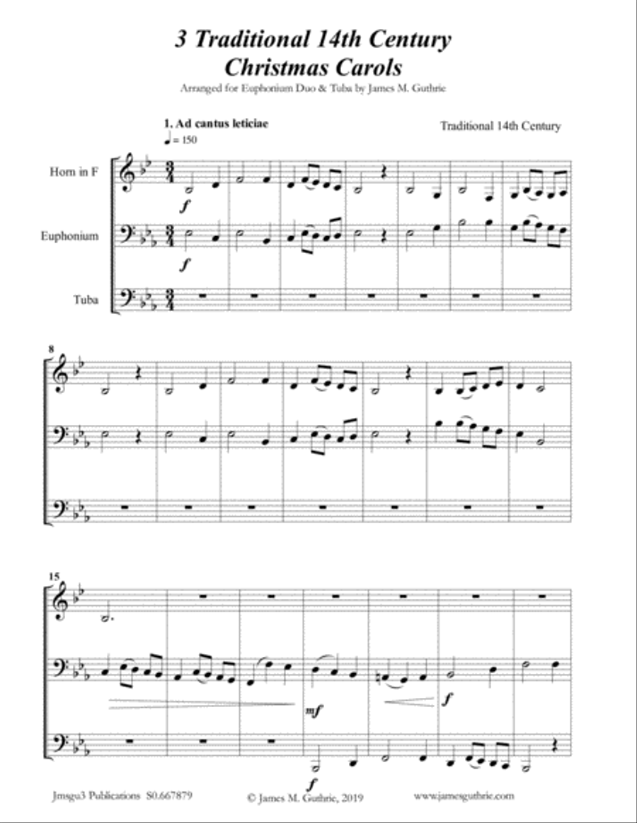 3 Traditional 14th Century Christmas Carols for French Horn, Euphonium & Tuba Euphonium scores gallery preview page 1
