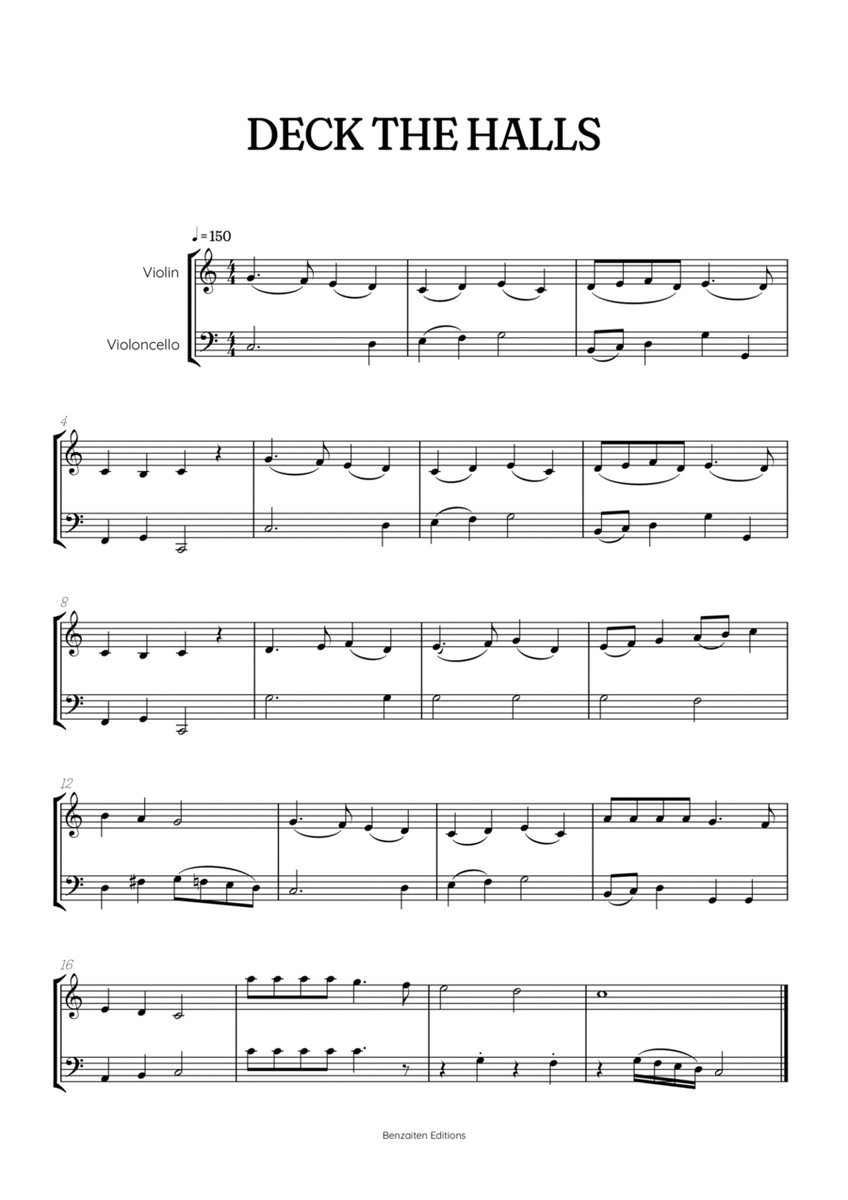 Deck the Halls for violin and cello duet • intermediate Christmas song sheet music image number null