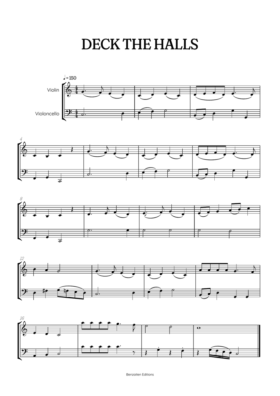 Deck the Halls for violin and cello duet • intermediate Christmas song sheet music String Duet scores gallery preview page 1