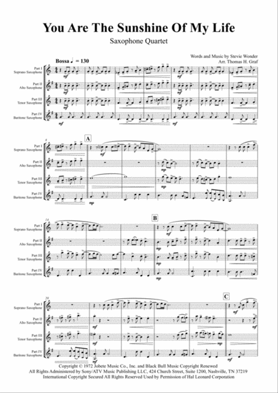 You Are The Sunshine Of My Life Saxophone Quartet scores gallery preview page 2