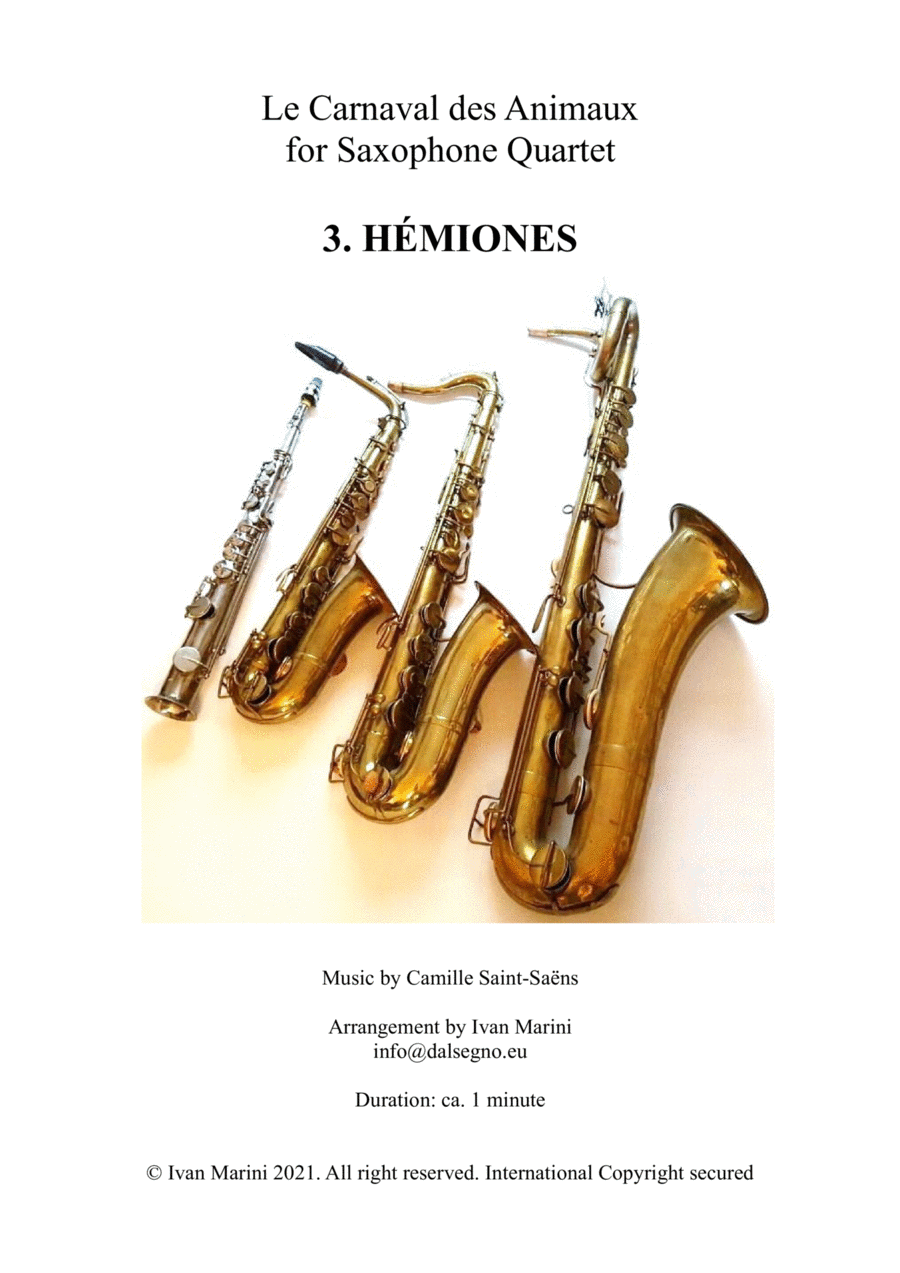 THE CARNIVAL OF THE ANIMALS for Saxophone Quartet - 3. Hémiones (Wild Asses) Saxophone Quartet scores gallery preview page 1