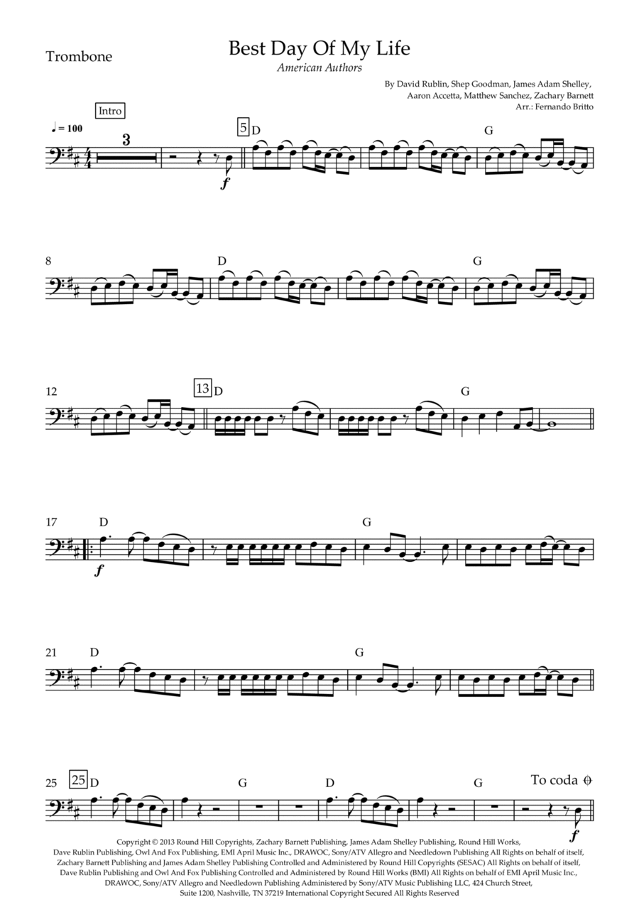 Best Day Of My Life Trombone Solo scores gallery preview page 1