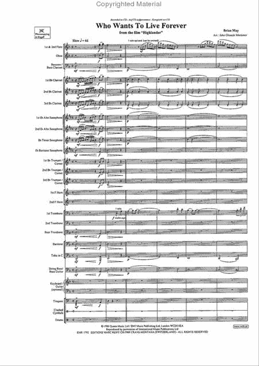 Highlander Who Wants To Live Forever Concert Band scores gallery preview page 3