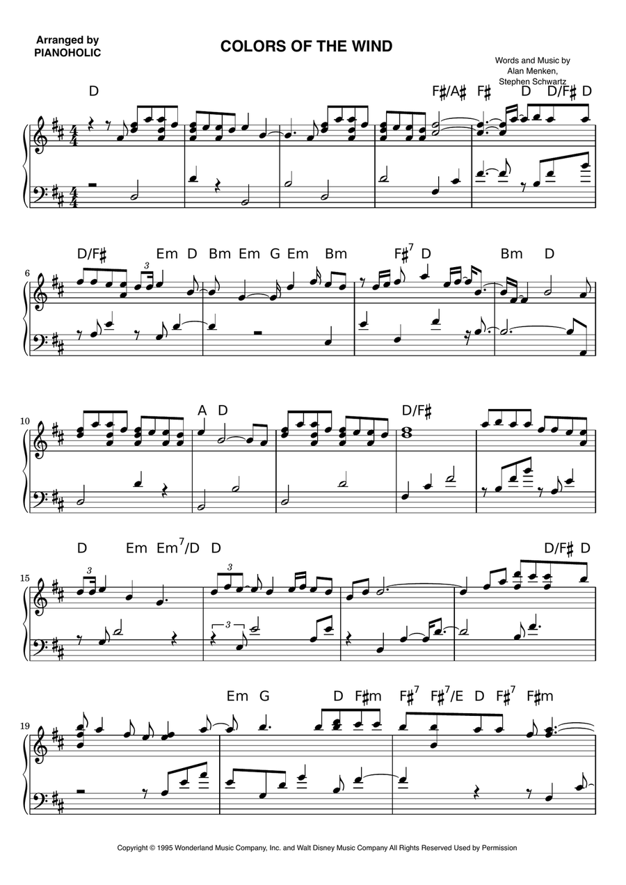Colors Of The Wind Piano Solo scores gallery preview page 1