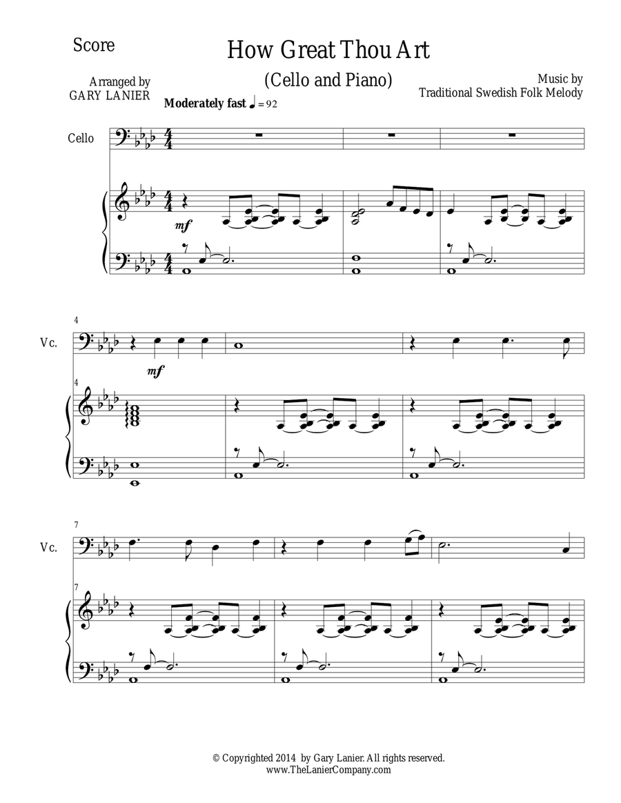 HOW GREAT THOU ART, Cello and Piano (Score & Parts included)