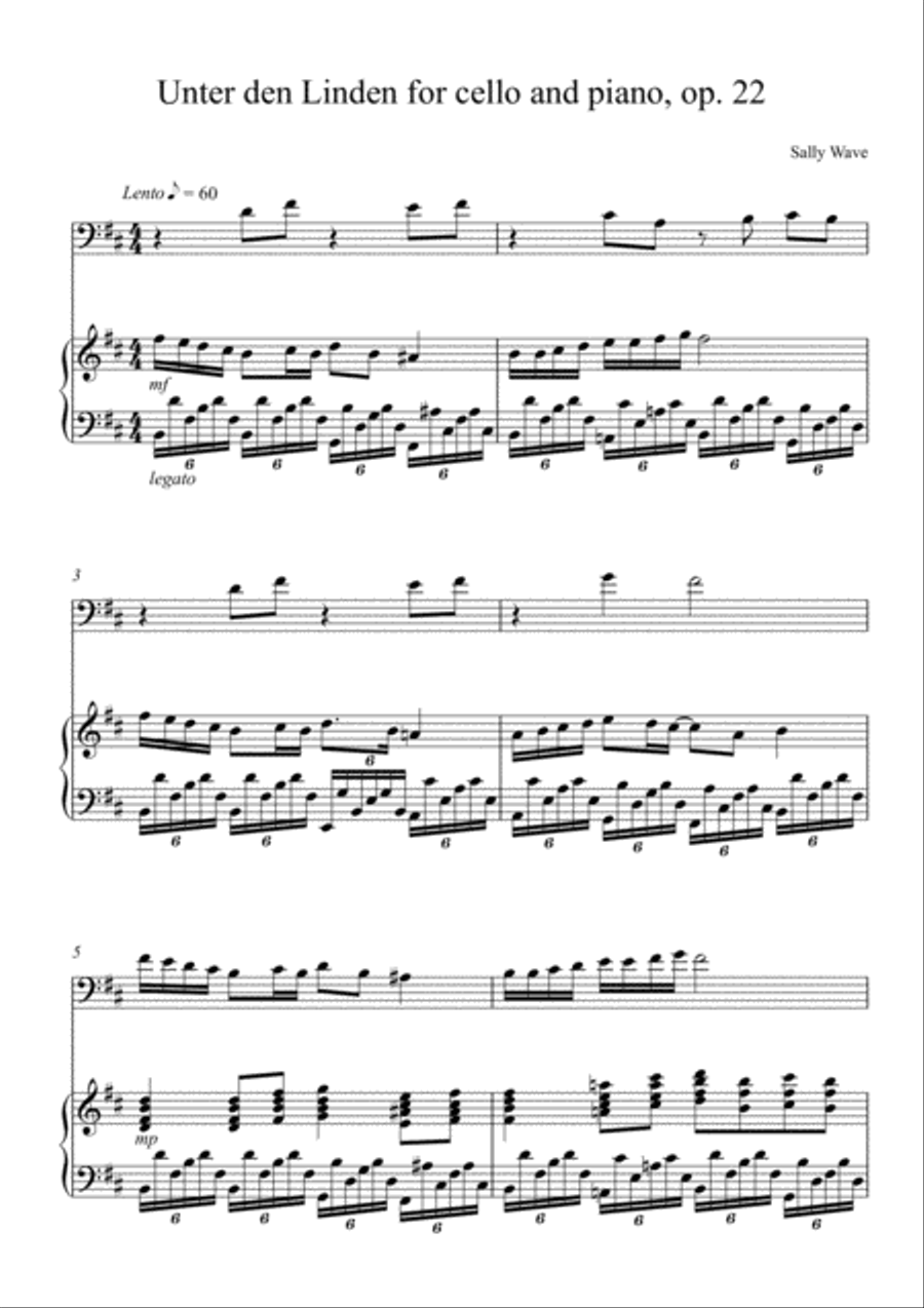Unter den Linden for cello and piano op. 22 - Sally Wave Piano Solo scores gallery preview page 1