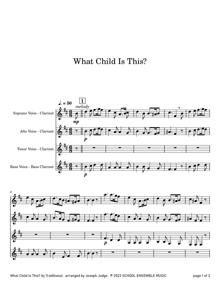 What Child Is This? for Clarinet Quartet in Schools Clarinet Quartet scores gallery preview page 1