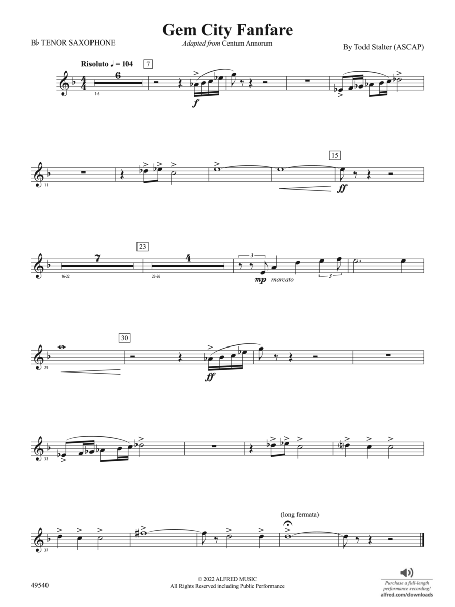Gem City Fanfare: B-flat Tenor Saxophone Concert Band scores gallery preview page 1
