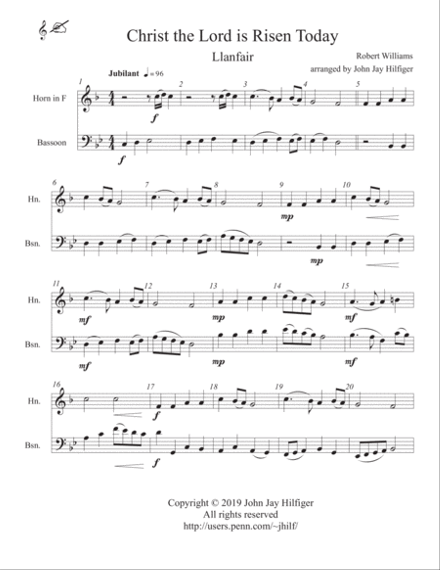 Christ the Lord Is Risen Today for French Horn and Bassoon Woodwind Duet scores gallery preview page 3