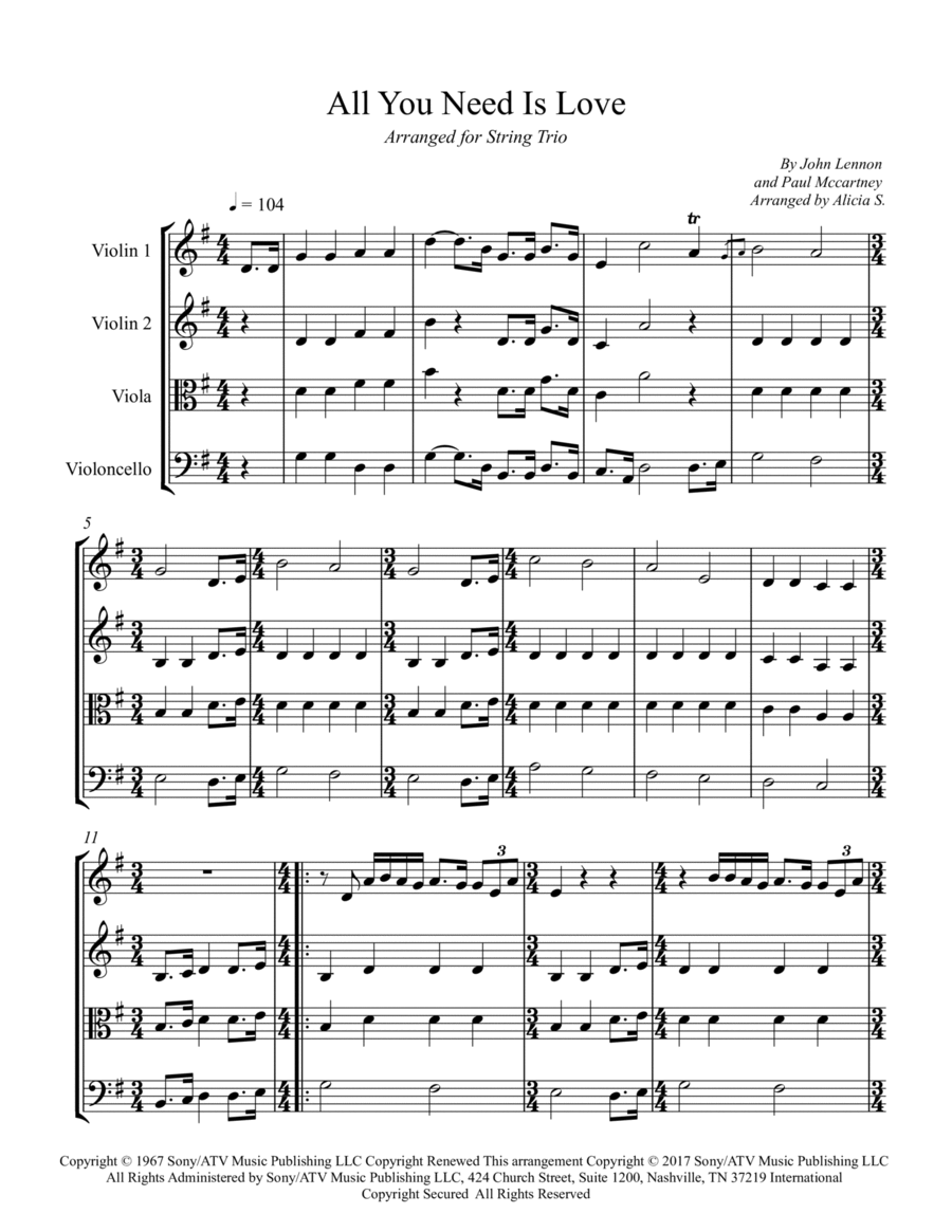 All You Need Is Love String Trio scores gallery preview page 1