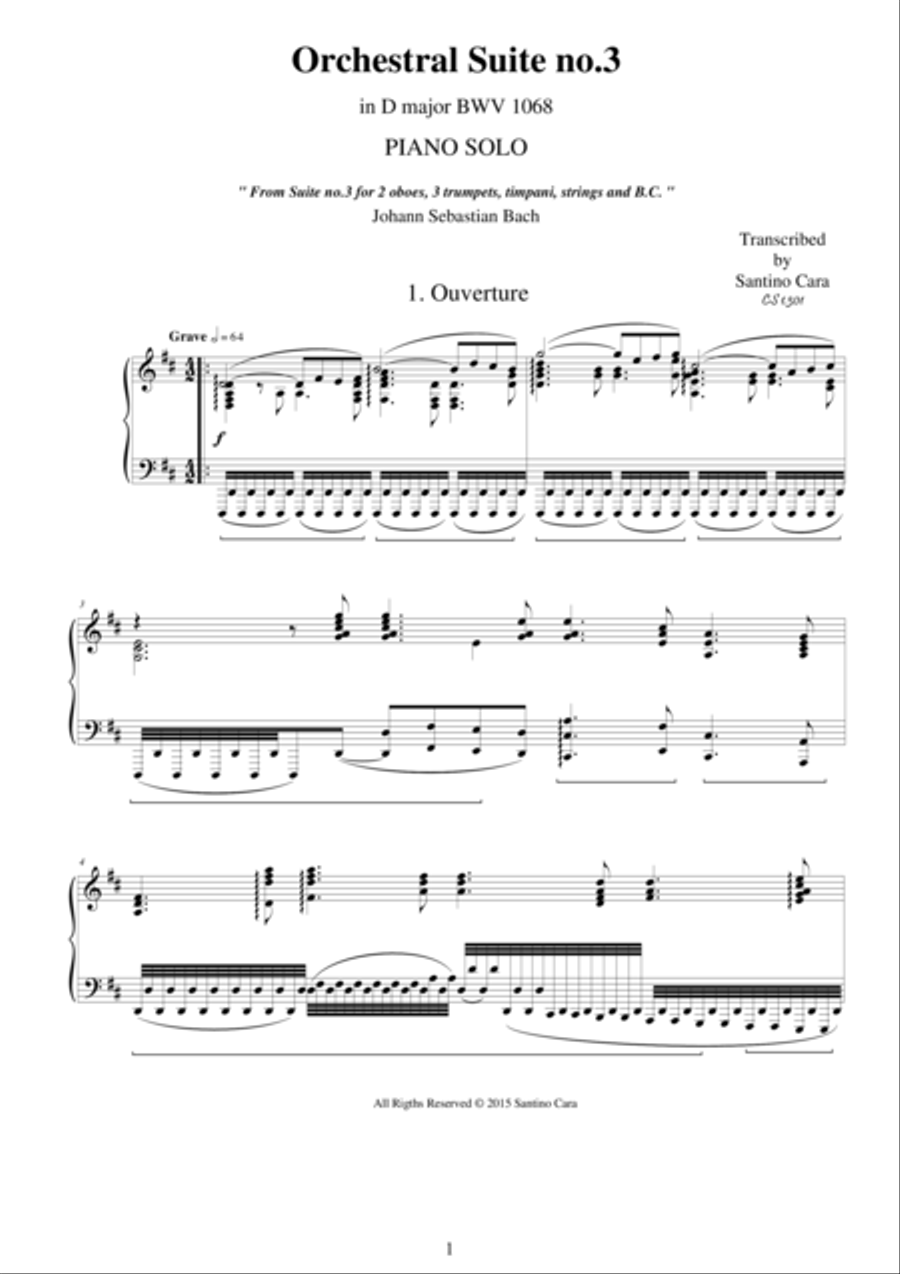 J.S.Bach - Orchestral Suite no.3 in D major BWV 1068 - Complete Piano version Piano Solo scores gallery preview page 1