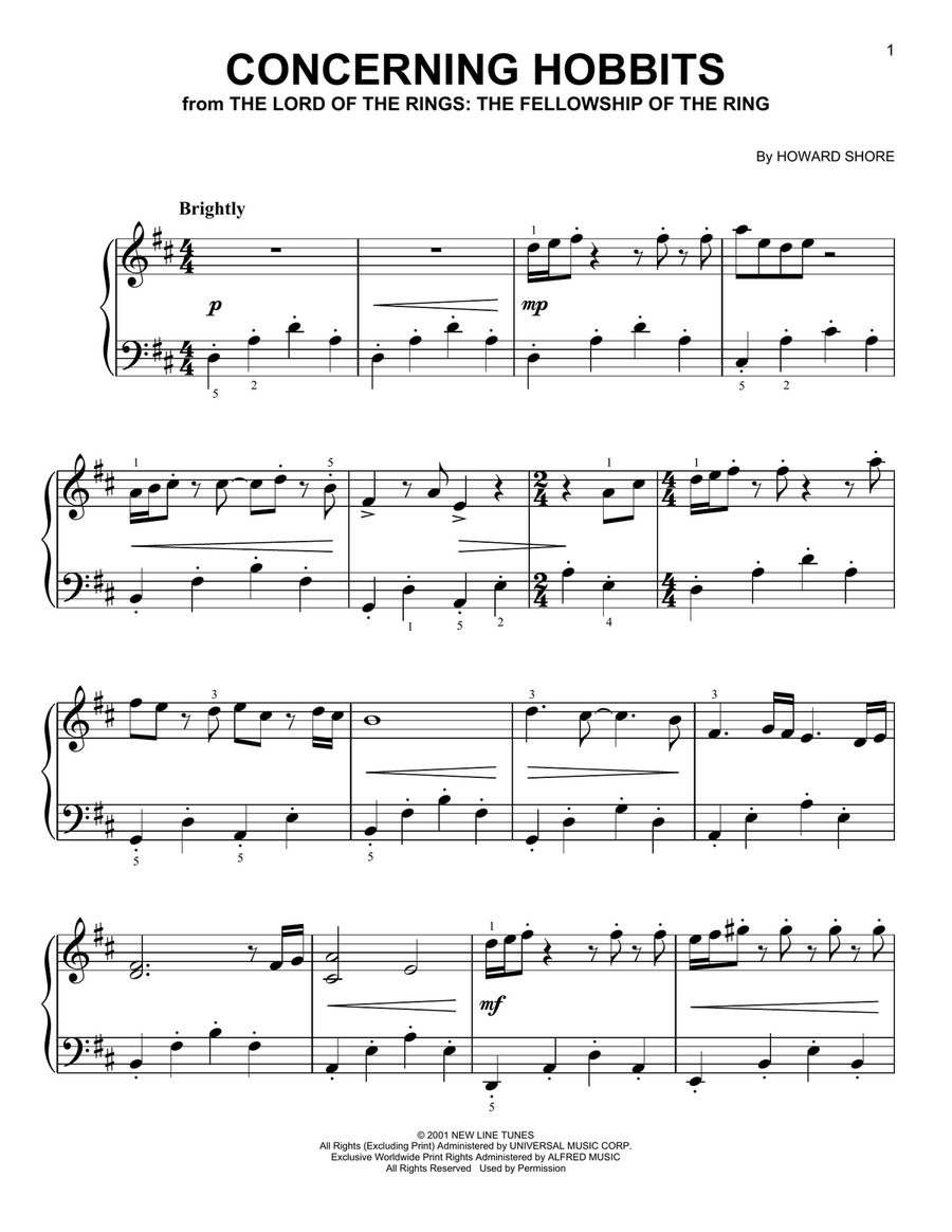 Concerning Hobbits (from Lord Of The Rings: The Fellowship Of The Ring) Easy Piano scores gallery preview page 1