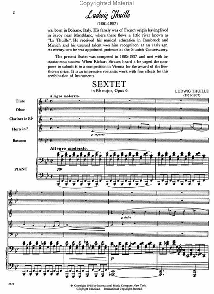 Sextet In B Flat Major, Opus 6 For Flute, Oboe, Clarinet, Horn, Bassoon & Piano