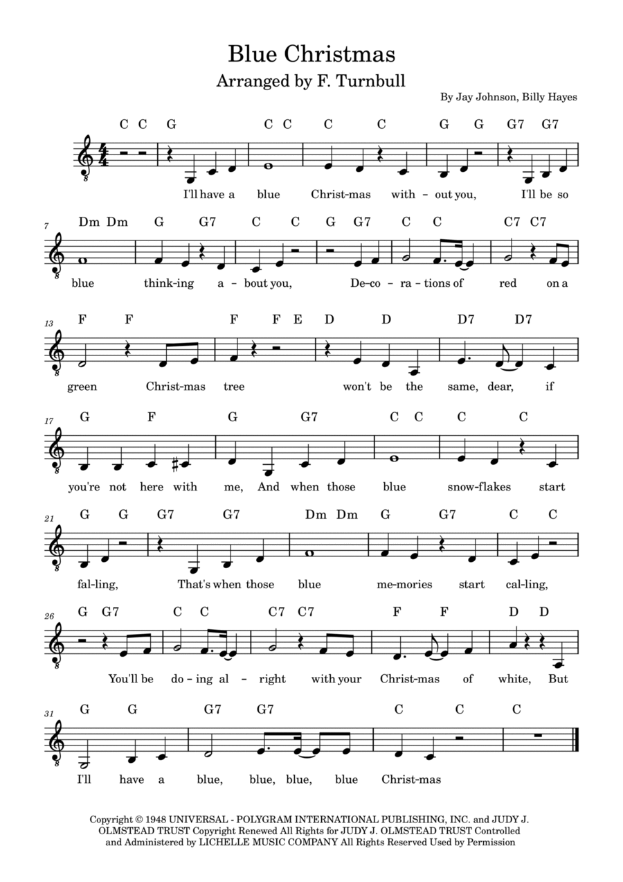 Blue Christmas Blue Christmas Piano, Vocal, Guitar scores gallery preview page 1