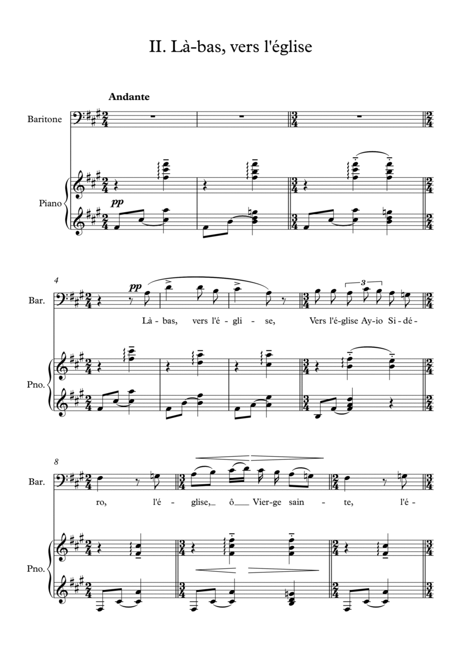 Cinq mélodies populaires grecques, no.2 Lá-bas, vers l'église, F# minor, medium voice Medium Voice scores gallery preview page 1