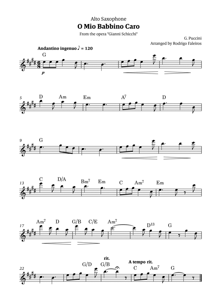 O Mio Babbino Caro - for alto sax solo (with chords) image number null