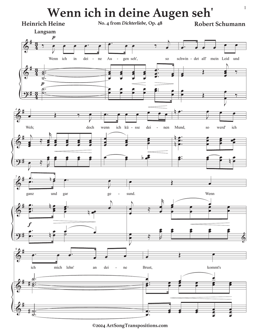 SCHUMANN: Wenn ich in deine Augen seh', Op. 48 no. 4 (transposed to G major) Piano, Vocal scores gallery preview page 2