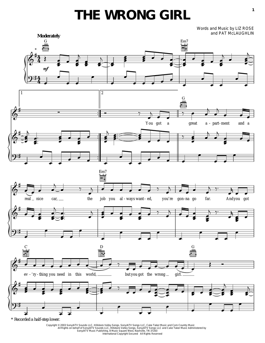 The Wrong Girl The Wrong Girl Piano, Vocal, Guitar scores gallery preview page 1