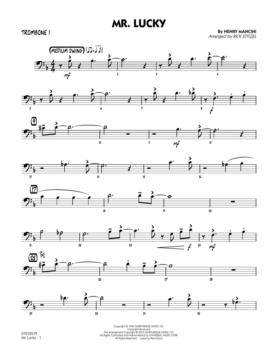Mr. Lucky - Trombone 1 Mr. Lucky - Trombone 1 Jazz Ensemble scores gallery preview page 1