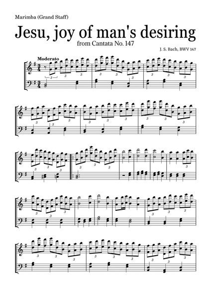 JESU, JOY OF MAN'S DESIRING by Bach - easy version for Marimba (Grand Staff) with 4 drum sticks image number null