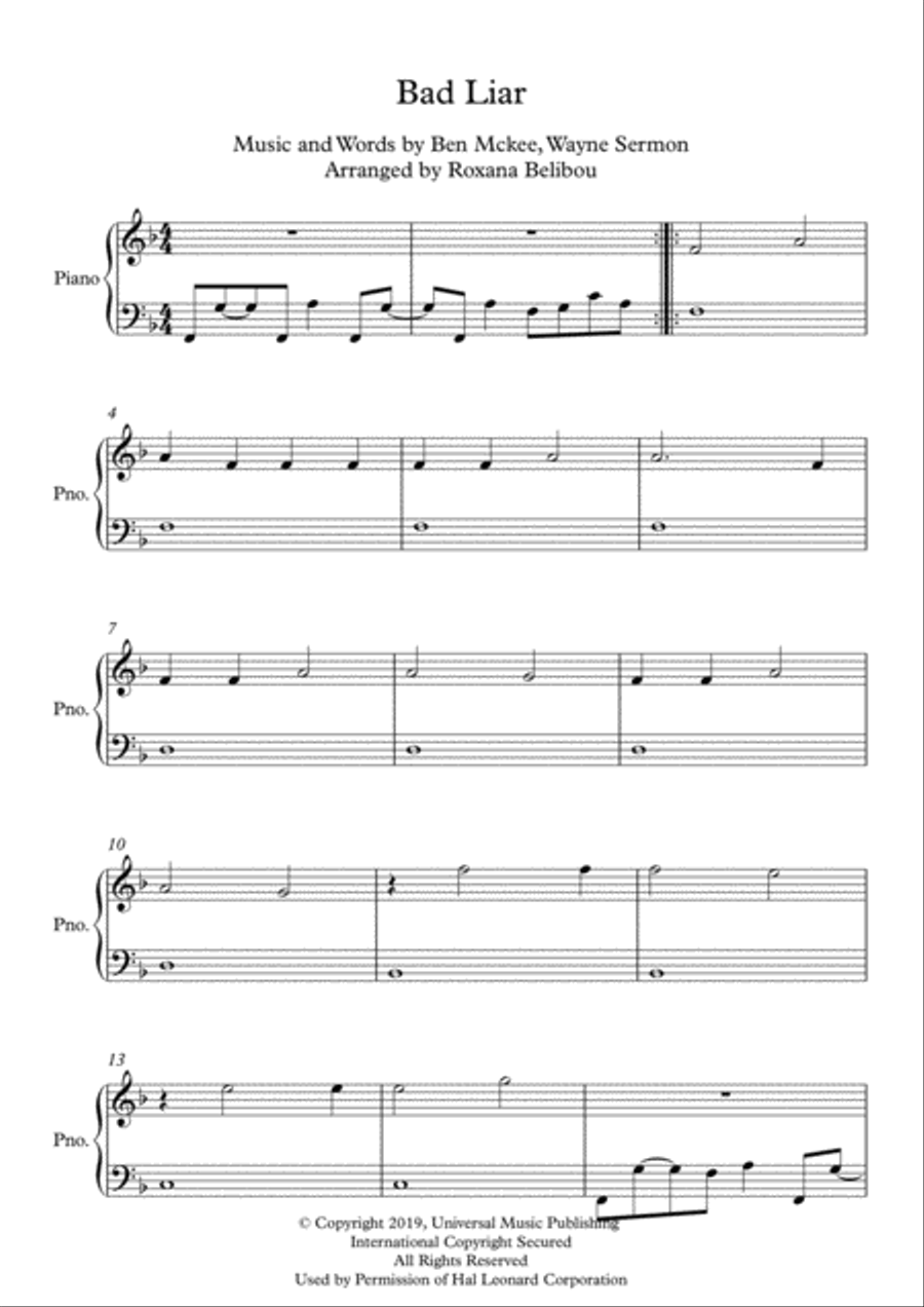 Bad Liar Easy Piano scores gallery preview page 1