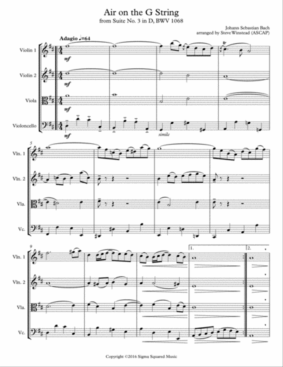 Air on the G String for String Quartet String Quartet scores gallery preview page 2