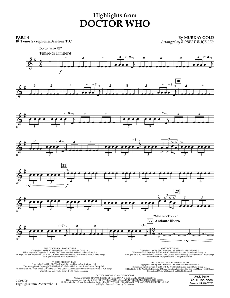 Highlights from Doctor Who (arr. Robert Buckley) - Pt.4 - Bb Tenor Sax/Bar. T.C. Concert Band scores gallery preview page 1