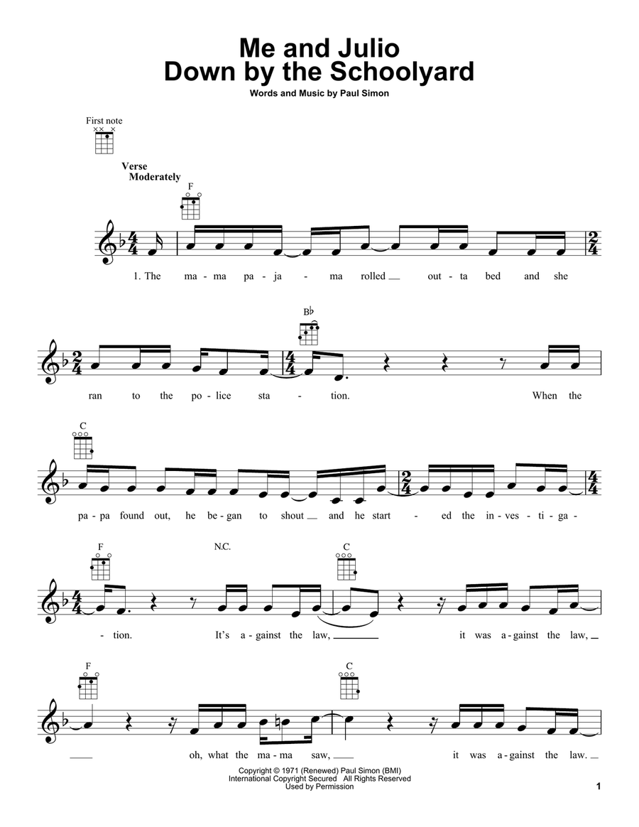 Me and Julio Down By The Schoolyard Ukulele scores gallery preview page 1