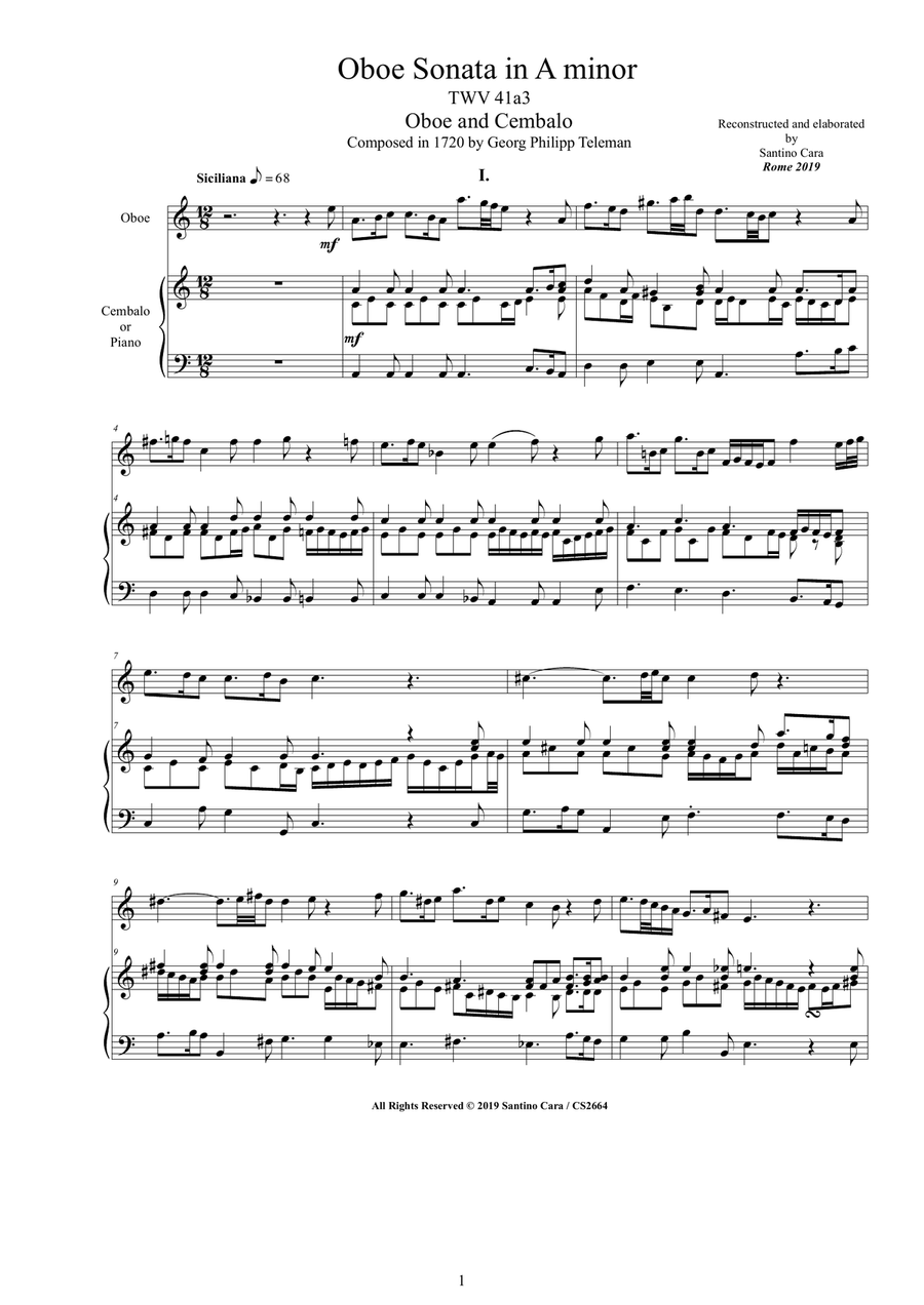 Telemann - Oboe Sonata in A minor TWV 41a3 for Oboe and Cembalo (or Piano) Harpsichord scores gallery preview page 1