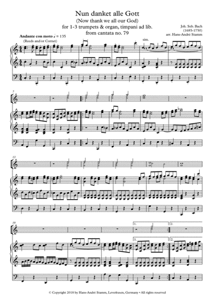 J. S. Bach - Nun danket alle Gott (Now thank we all our God) for 1-3 trumpets & organ, timpani ad li