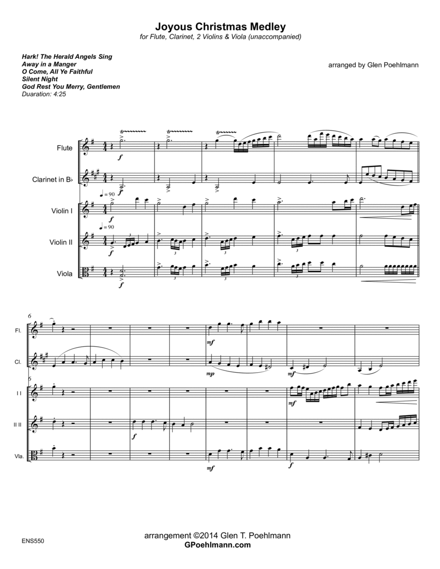 JOYOUS CHRISTMAS MEDLEY - Flute, Clarinet, 2 Violins & Viola Small Ensemble scores gallery preview page 1