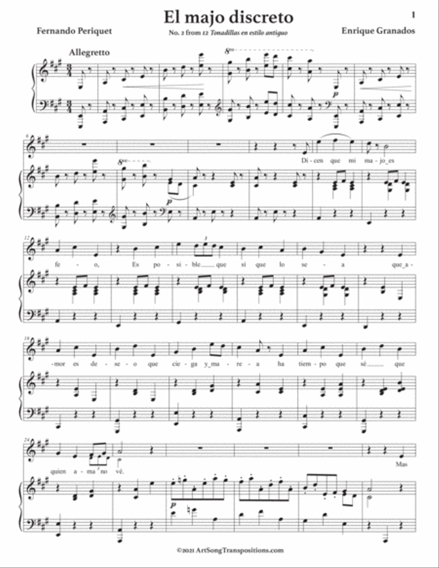 GRANADOS: El majo discreto (transposed to A major) Voice scores gallery preview page 2