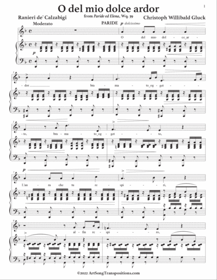 GLUCK: O del mio dolce ardor (transposed to D minor) Voice scores gallery preview page 2