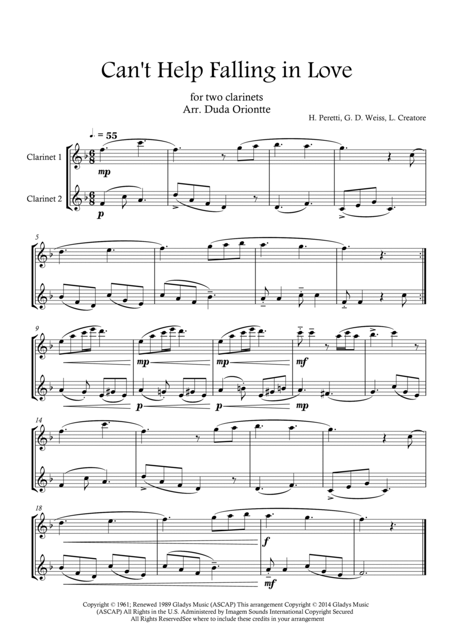 Can't Help Falling In Love Clarinet Duet scores gallery preview page 1