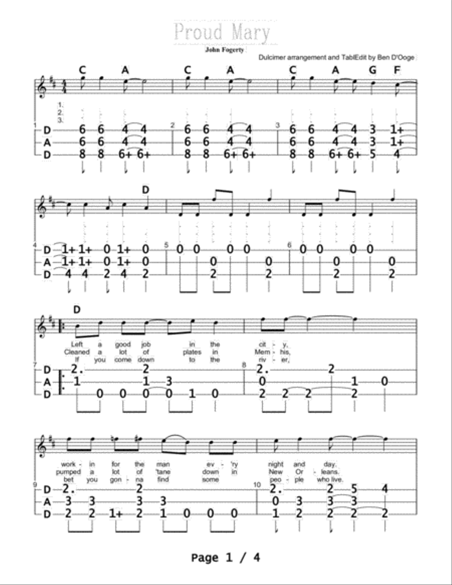 Proud Mary Proud Mary Dulcimer scores gallery preview page 1